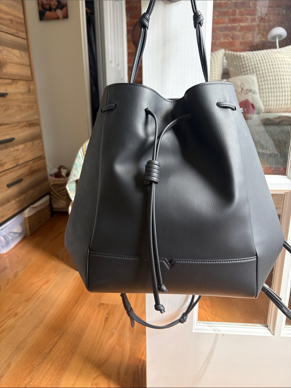 Classic Black Drawstring Shoulder Bucket Bag